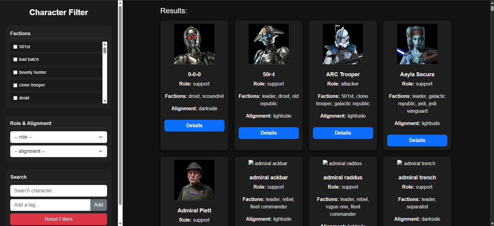 Filtre des unités SWGOH