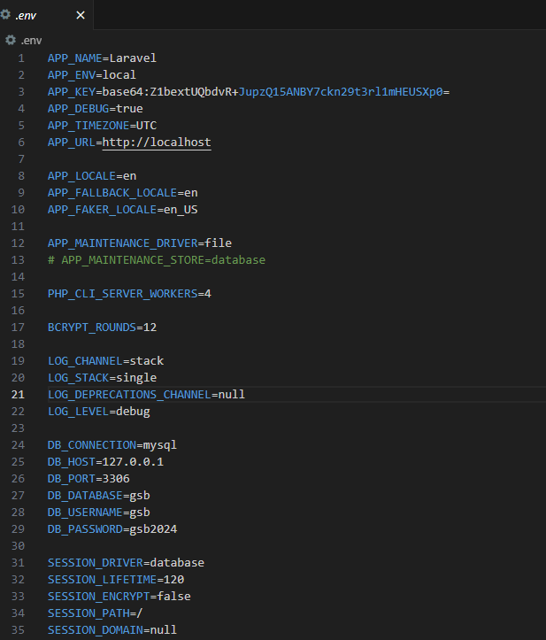 Fichier .env de l'application Laravel GSB